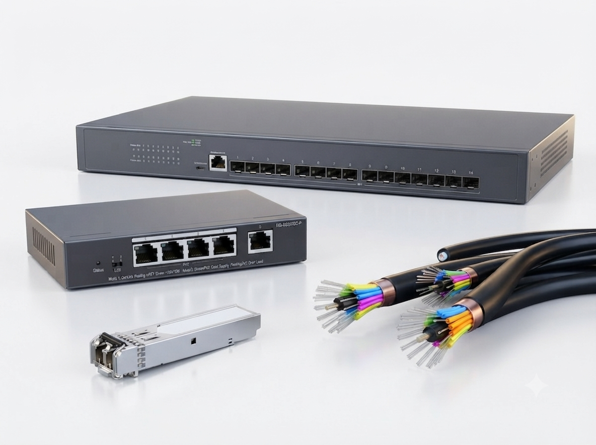 Fiber optic networking equipment with network switch and fiber optic patch cables